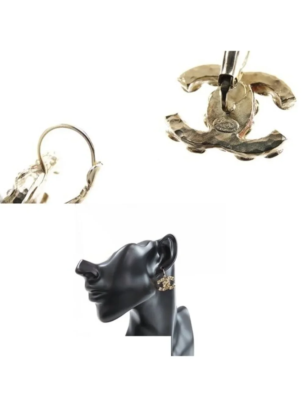 Chanel CC Logo Hook Earrings Gold Metal Rhinestone Color Stone 18